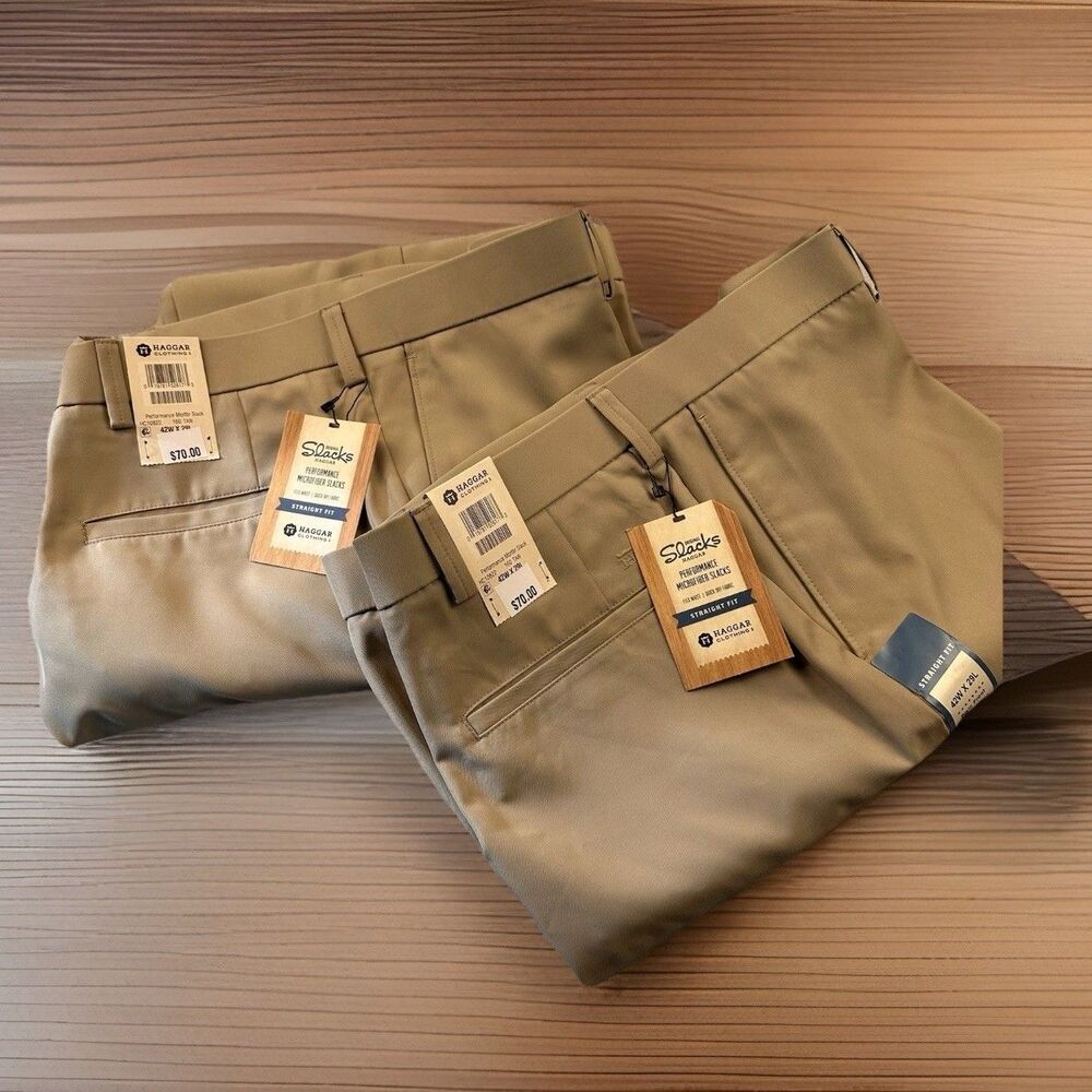 Haggar Men's Performance Microfiber Straight Fit Slacks 42Wx29L Tan-2pair-bundle
